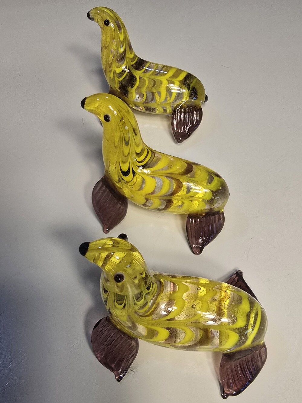 🦭Set 3 Glass Seals Fitz & Floyd Yellow Hand-Blown Glass Seal Sea Lion Figurines
